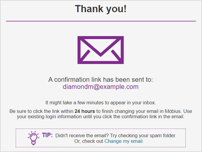 A confirmation message is shown stating that a confirmation link has been sent to your new email.